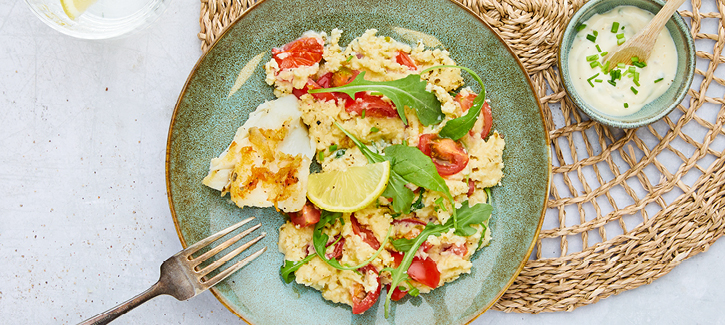 Sommerlicher Stampf mit Kabeljau und Schnittlauch-Mayonnaise