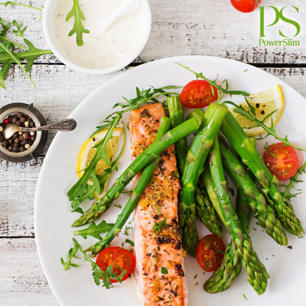 Zitronen-Senf-Lachs mit gegrillten Spargeln und Tomaten