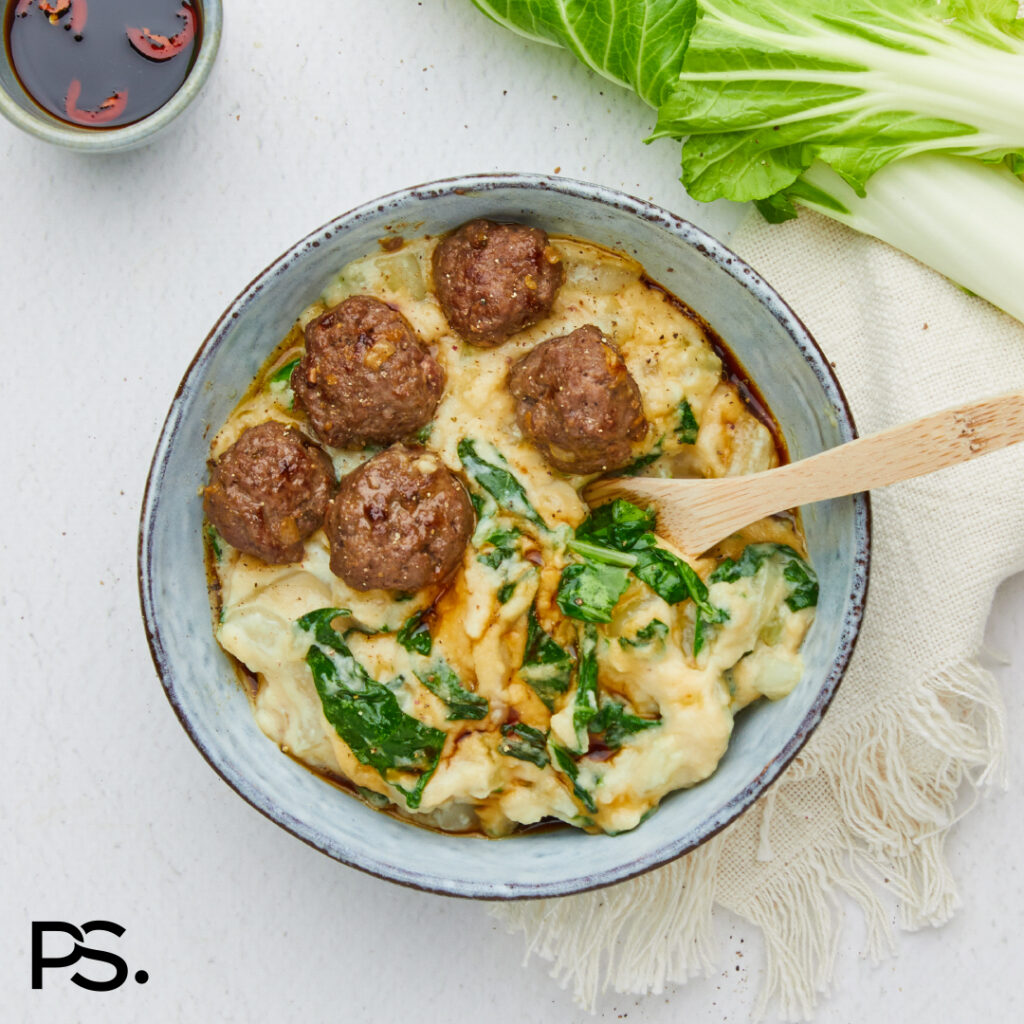 Pak-Choi-Stampf mit würzigen Bällchen