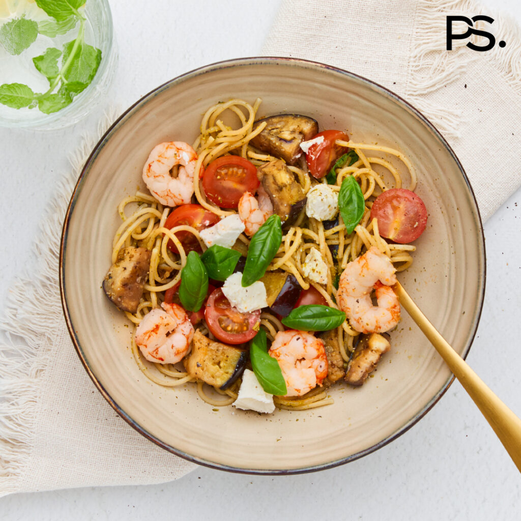Spaghetti mit Garnelen und Aubergine